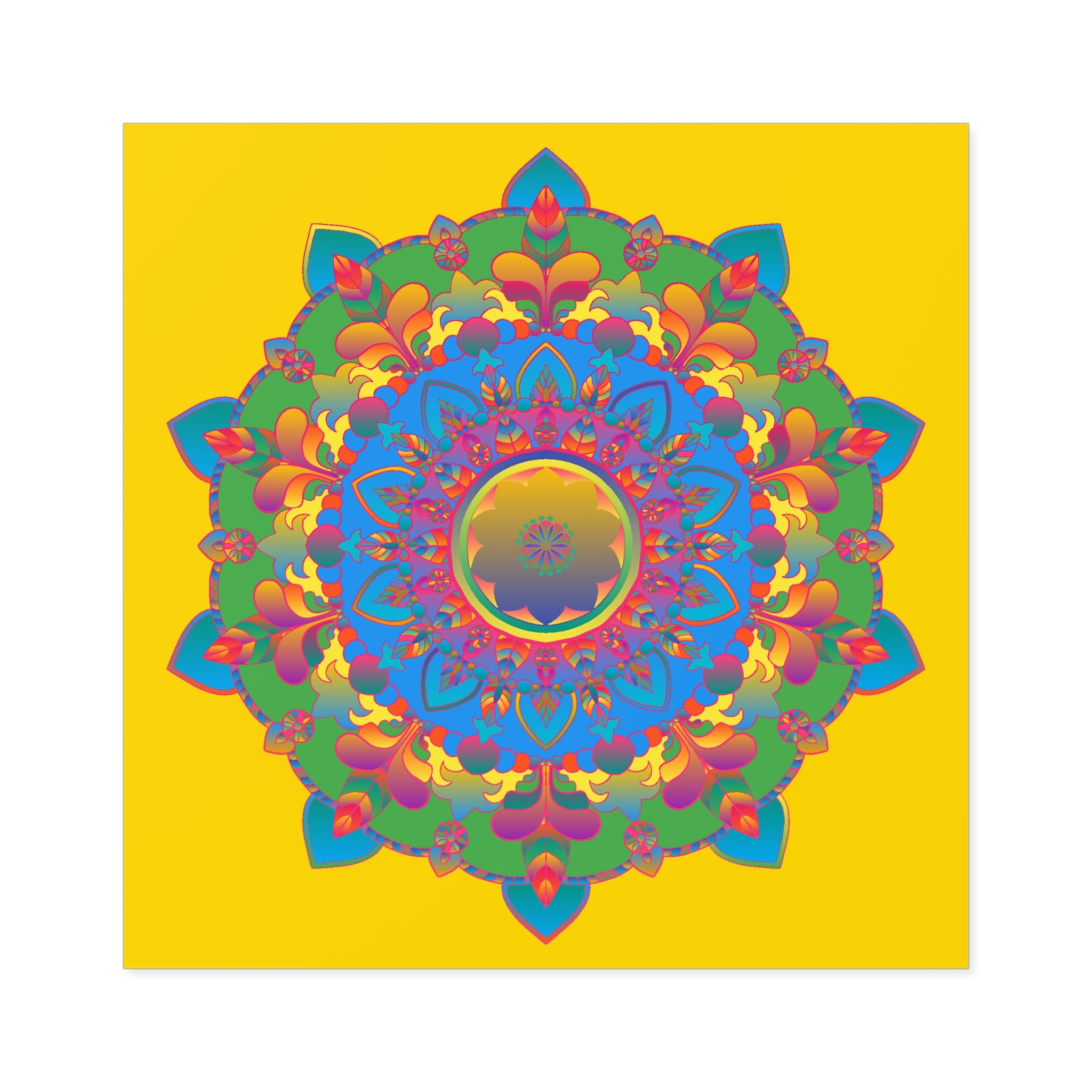 Handgezeichnete Mandala-Laminieraufkleber – Gold, Rot und Grün auf sonnengelbem Grund
