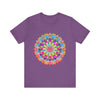 Colorful mandala flower t-shirt featuring vibrant psychedelic art design for a unique and eye-catching fashion statement