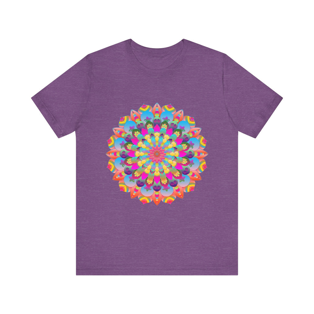 Colorful mandala flower t-shirt featuring vibrant psychedelic art design for a unique and eye-catching fashion statement