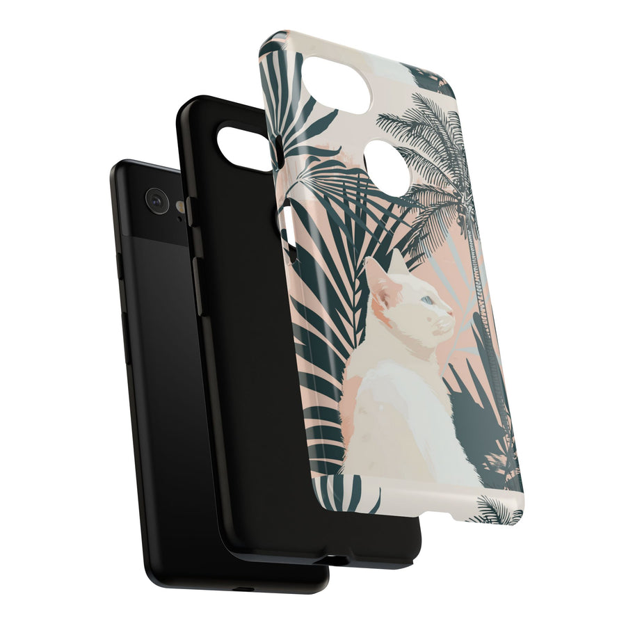 Tropical Cat Phone Case with Lush Palm Motifs and Soft Pastels