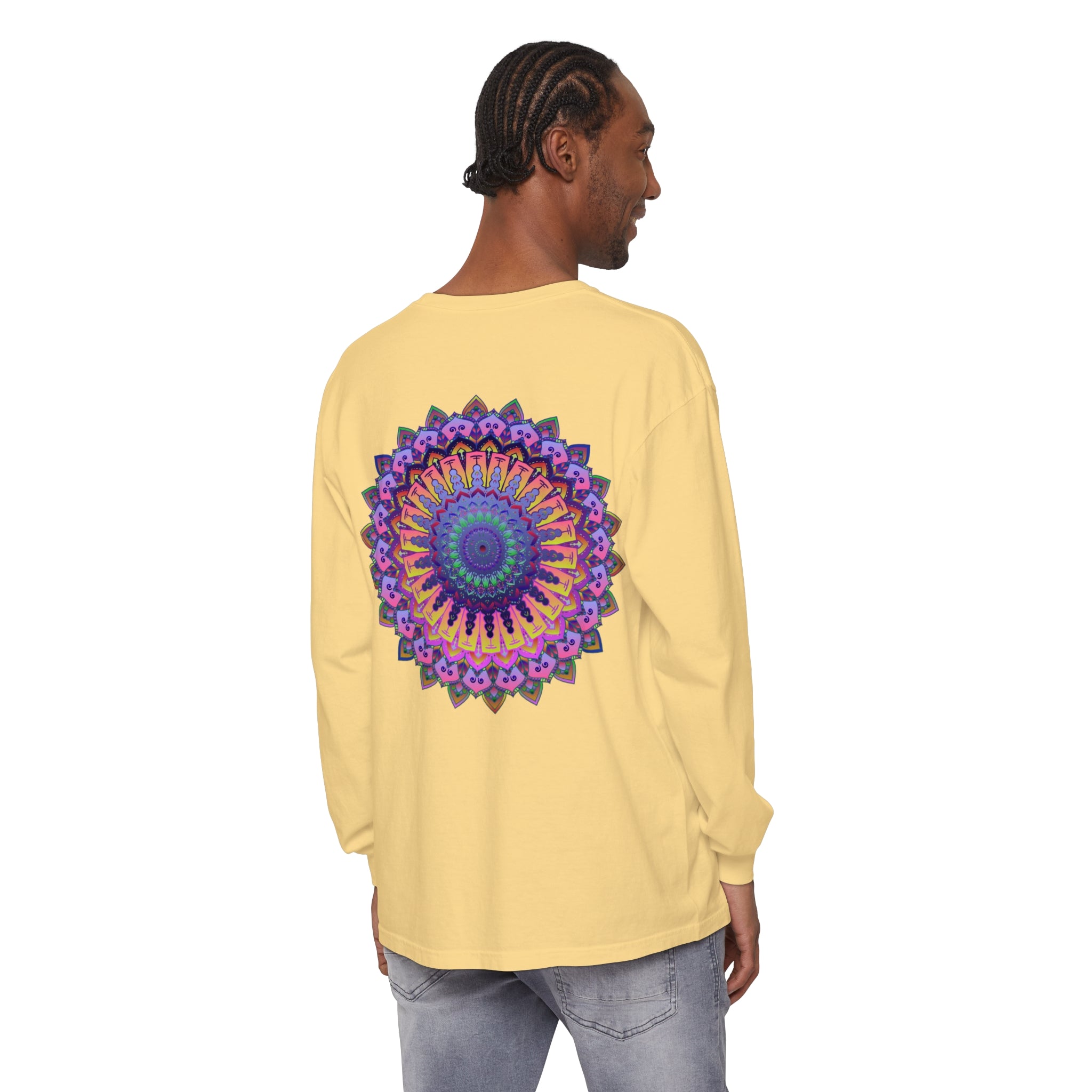 Intricate Mandala Unisex Long Sleeve T-Shirt featuring hand-drawn mandala design