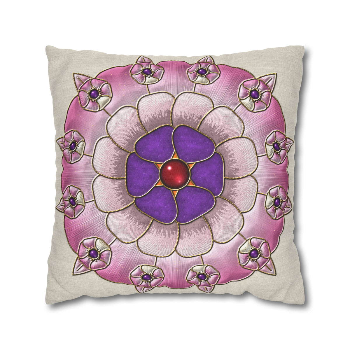 Federa quadrata con motivo a mandala floreale rosa e viola