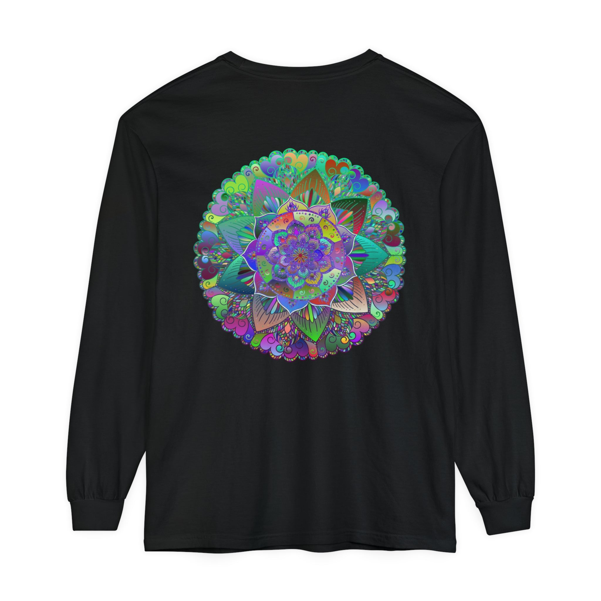 Colorful and intricately designed long sleeve unisex t-shirt with vibrant mandala pattern