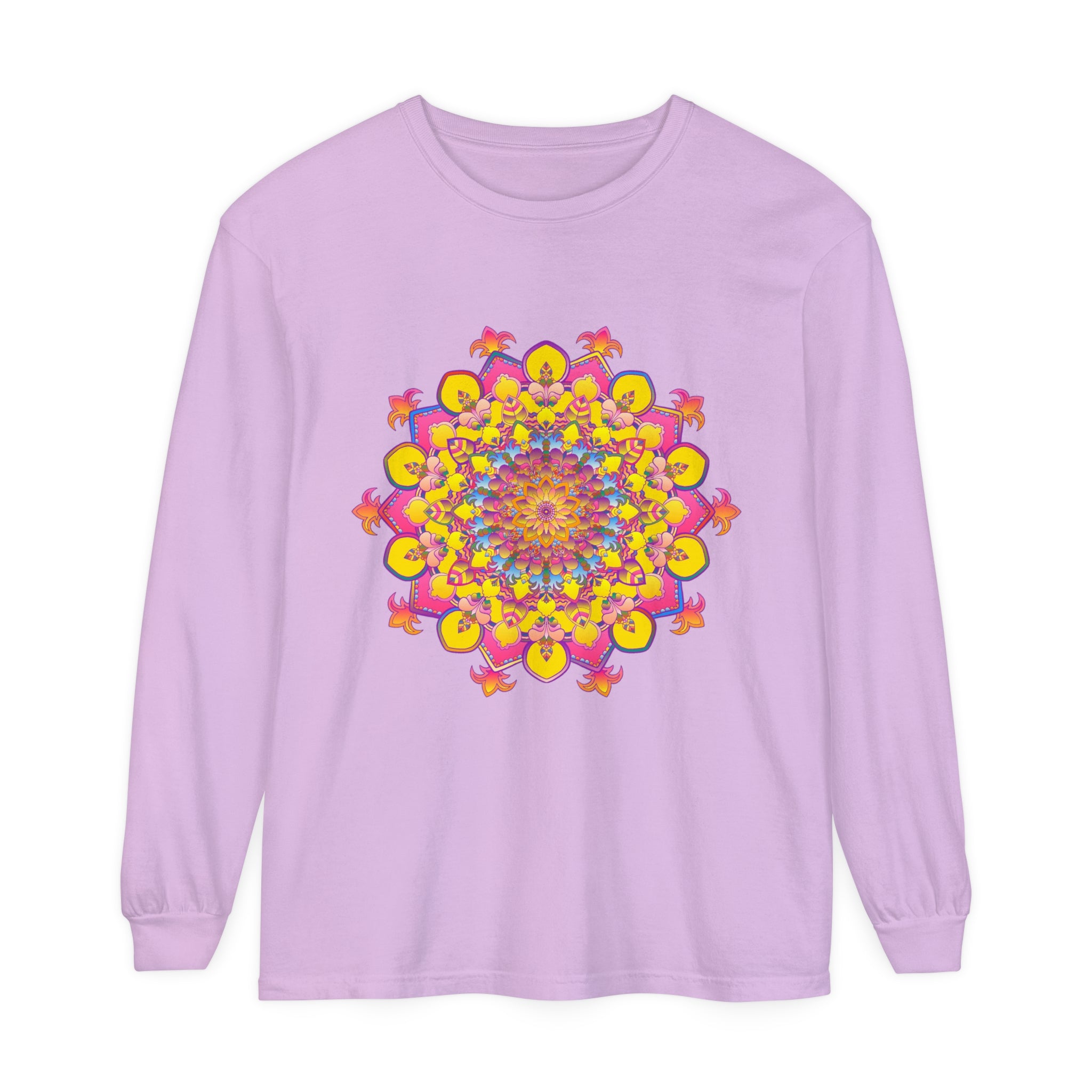 Colorful and intricate mandala design on a unisex long sleeve t-shirt