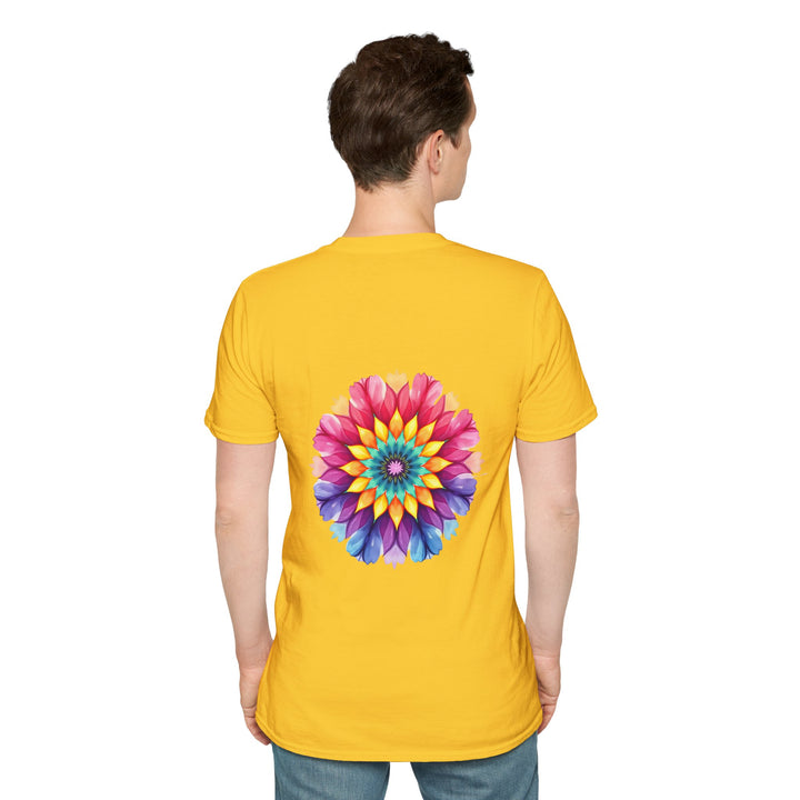 Beautiful black t-shirt with a vibrant floral mandala design and inspiring quote