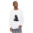 Black Cat Watercolor Dream long sleeve t-shirt featuring a vibrant watercolor-style illustration of a black cat against a dreamy background