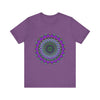 A vibrant purple and green mandala tee with an intricate and detailed design