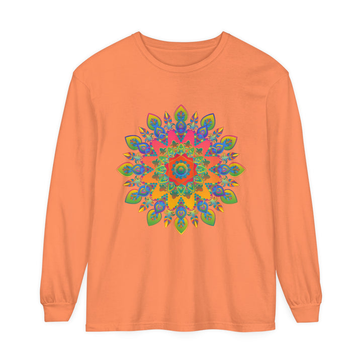 Colorful and intricate mandala design on a unisex long sleeve t-shirt