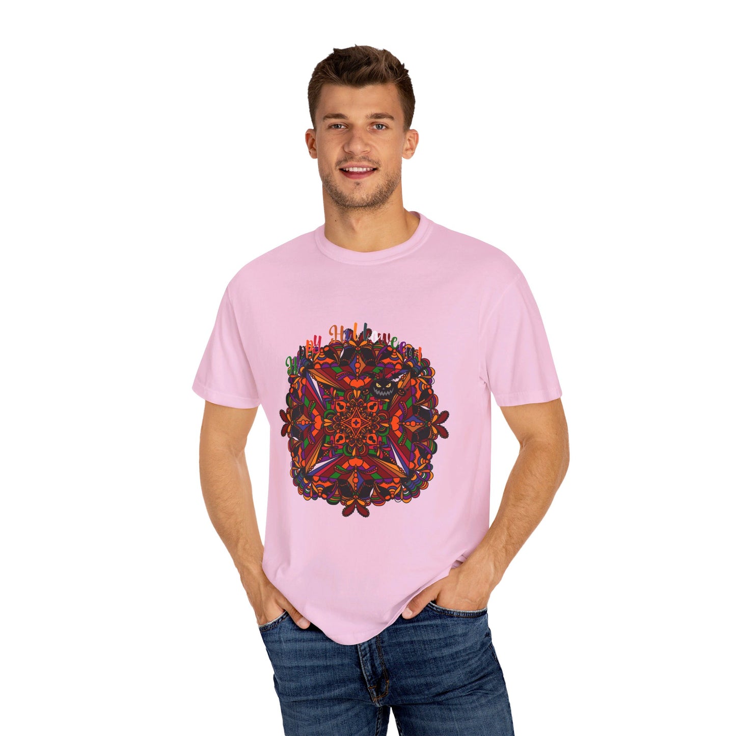 Unisex garment-dyed tee featuring handmade pumpkin mandala art for Halloween