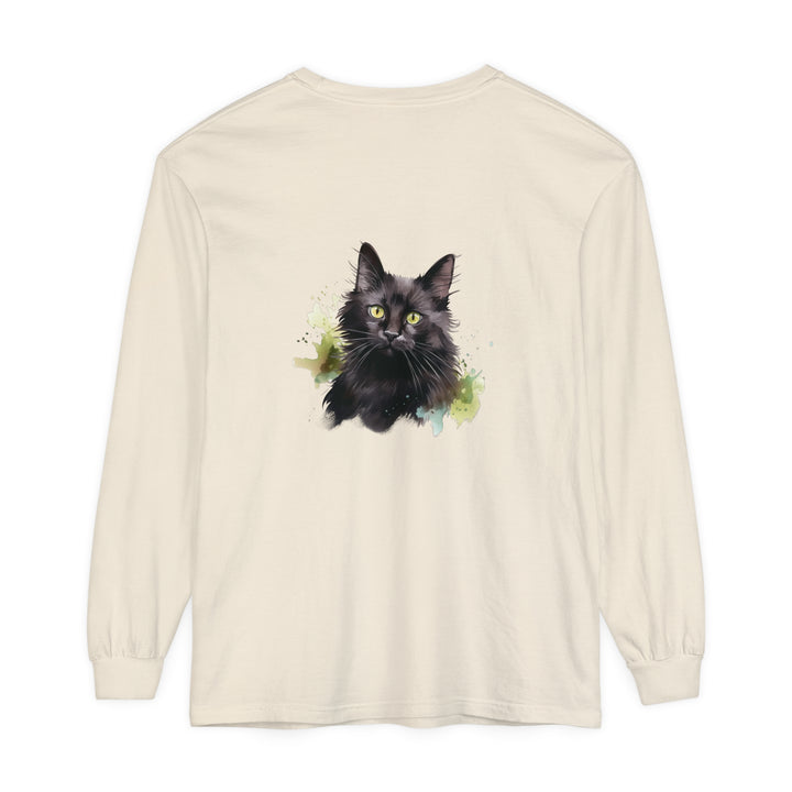 Black Cat Watercolor Splash Long Sleeve T-Shirt featuring vibrant watercolor design