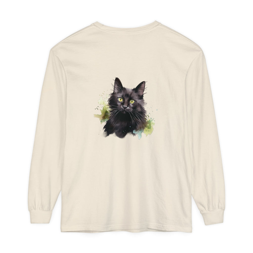 Black Cat Watercolor Splash Long Sleeve T-Shirt featuring vibrant watercolor design