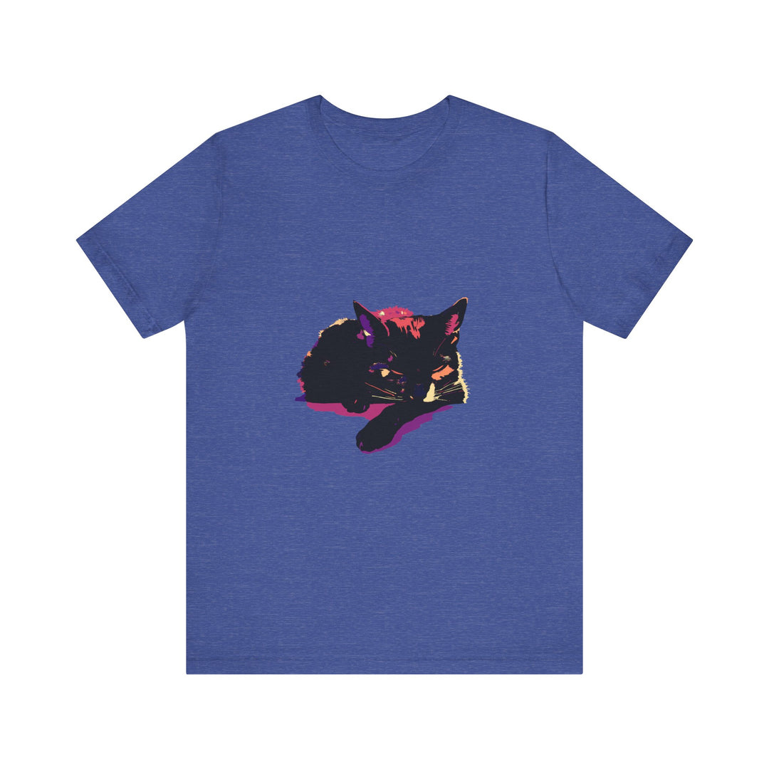 A close-up of a black cat mystery colorful sleep t-shirt with vibrant colors and a soft, comfortable fabric perfect for a good night's sleep