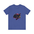 A close-up of a black cat mystery colorful sleep t-shirt with vibrant colors and a soft, comfortable fabric perfect for a good night's sleep