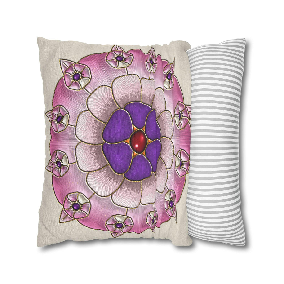 Federa quadrata con motivo a mandala floreale rosa e viola
