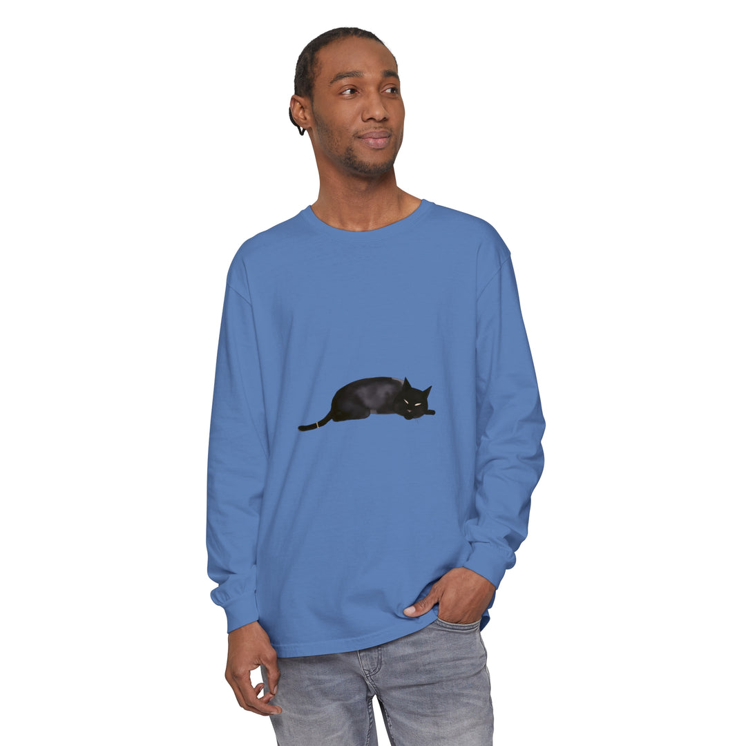 A cozy unisex long sleeve t-shirt featuring a sleeping black cat design