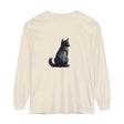 Black Cat Mystery unisex long sleeve tee in black, featuring a mysterious black cat design, perfect for adding a touch of intrigue to your wardrobe