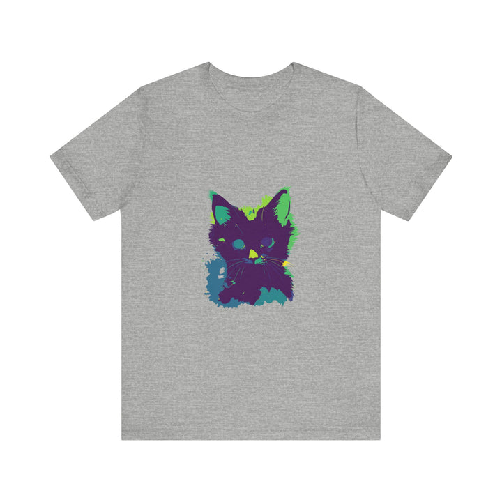 Neon black cat mystery t-shirt with vibrant colors and playful design