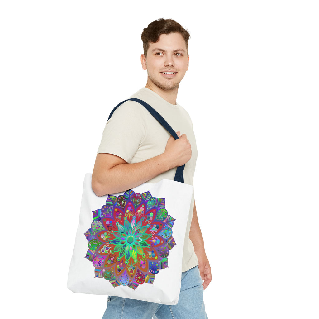 Vibrant and intricately designed mandala tote bag with colorful patterns and all-over print (AOP) for stylish and versatile fashion accessory