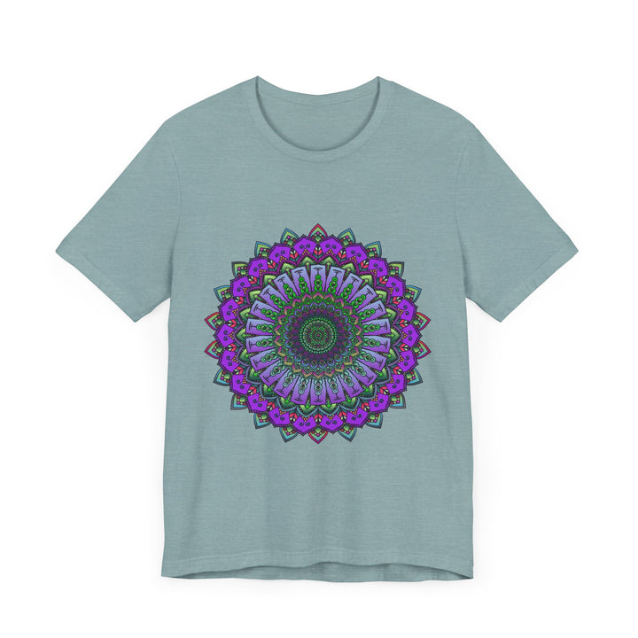 Vibrant purple and green Mandala Tee with intricate, detailed design pattern