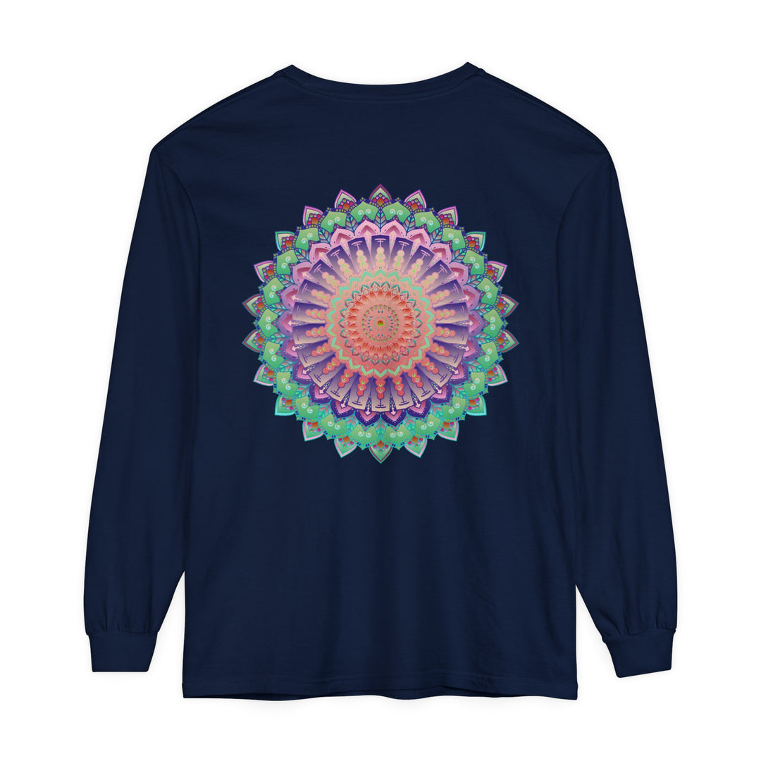 Colorful and intricate mandala design on a long sleeve unisex t-shirt