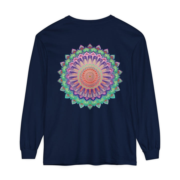 Colorful and intricate mandala design on a long sleeve unisex t-shirt