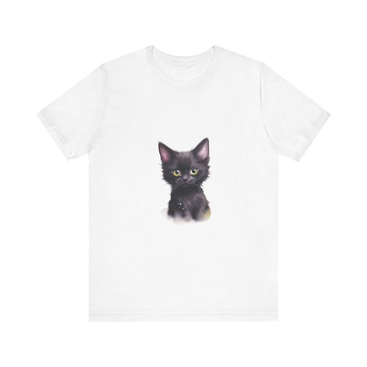 Mystical Kitten Tee featuring a beautiful black cat design on a black background, perfect for cat lovers and fans of mystical imagery