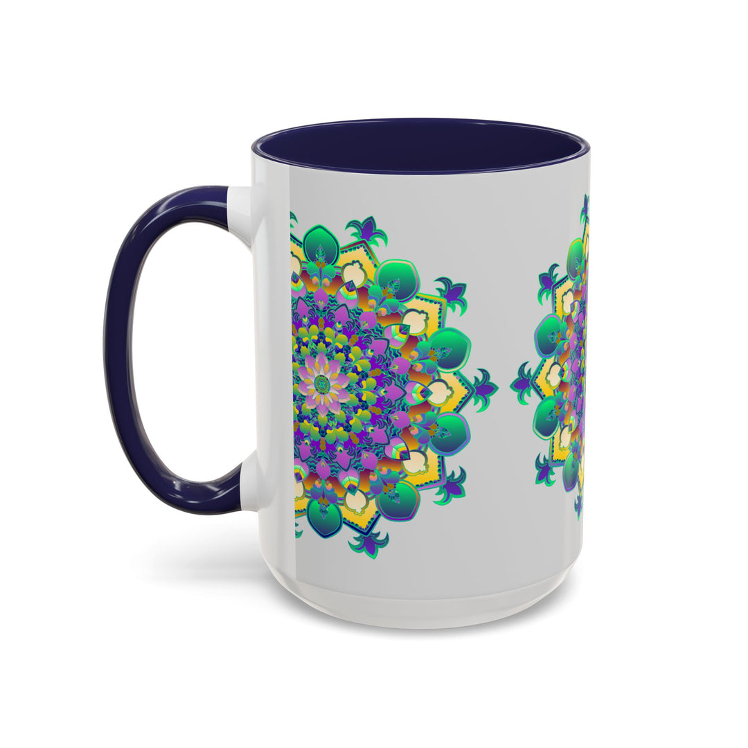 Beautiful light grey mug with a vibrant mandala art design