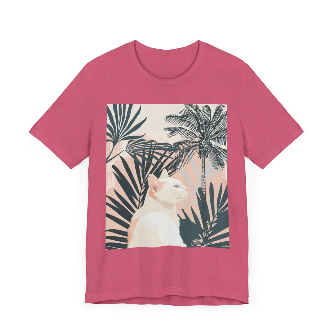 Fashionable cat tee with a stylish tropical palm leaf design