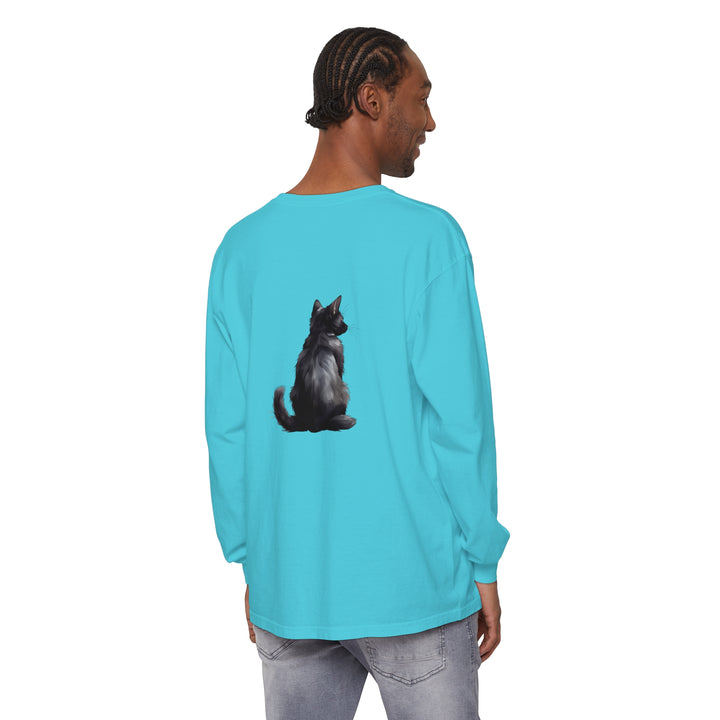 Black Cat Mystery unisex long sleeve tee, featuring a black cat surrounded by mysterious elements on a comfortable and stylish black shirt