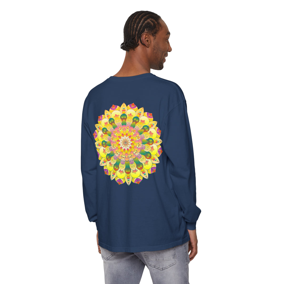 Colorful and intricate mandala design on a unisex long sleeve t-shirt