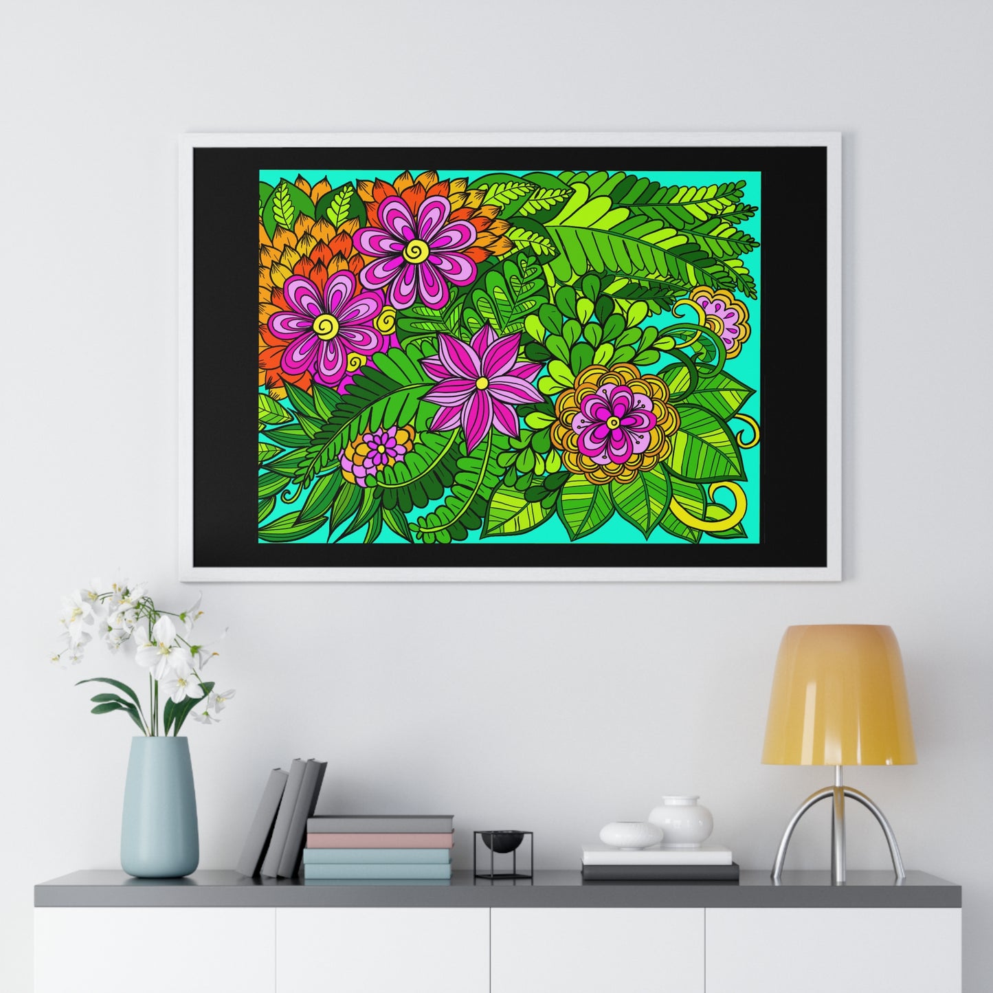 Horizontal Framed Poster - Flower Doodle 36x24 in a white room with natural light