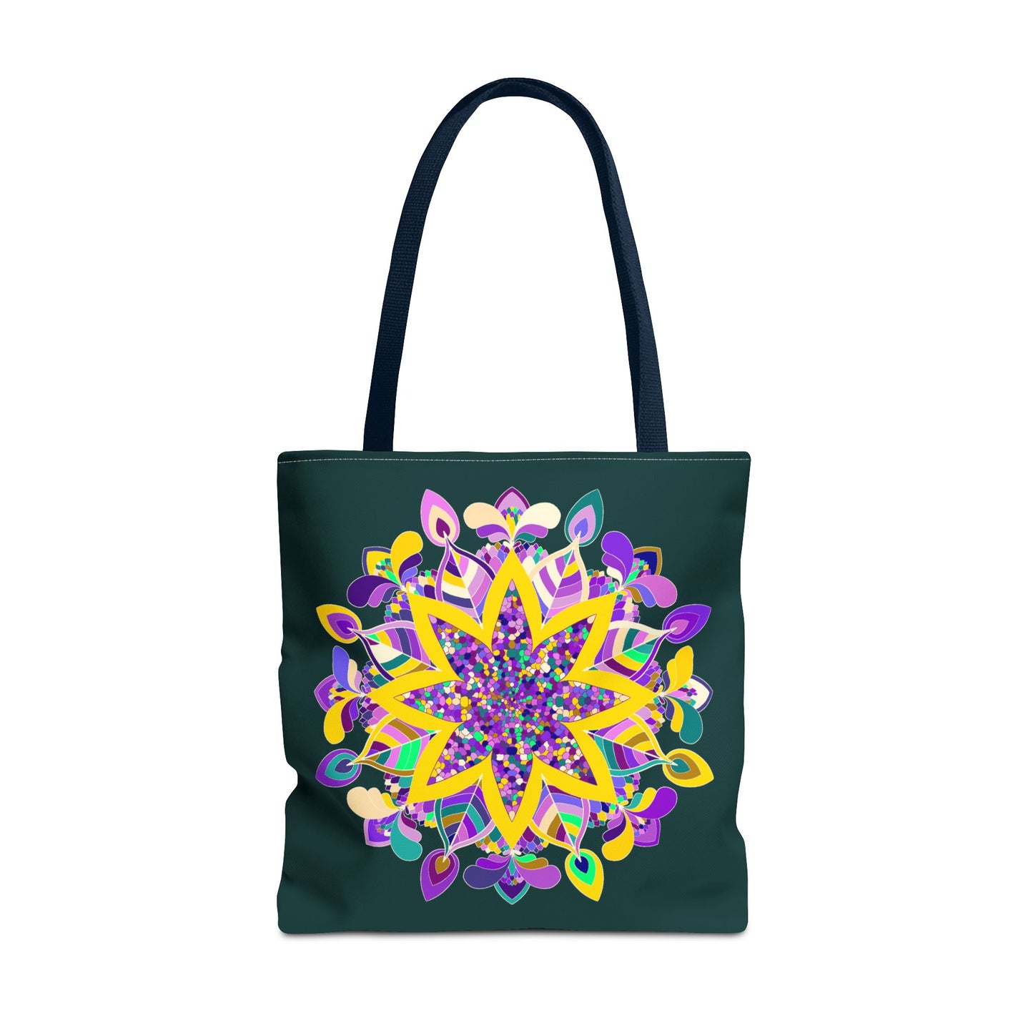 A dark green tote bag with a colorful mandala design, perfect for the zen girl - Blululi