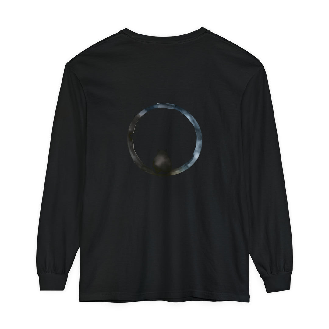 A close-up image of a black Mystifying Sphere Unisex Long Sleeve T-Shirt with a captivating and mysterious design on the front, perfect for casual and comfortable everyday wear