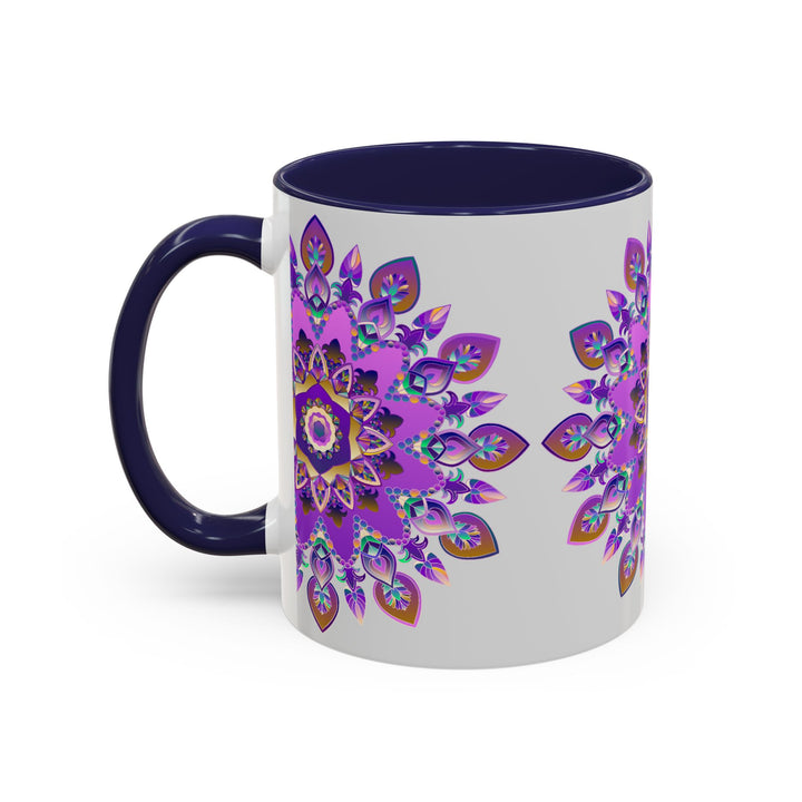 A beautiful purple and gold mandala mug featuring intricate bohemian art designs