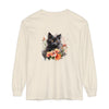 Beautiful watercolor t-shirt featuring a black cat surrounded by vibrant flowers