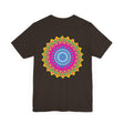 A colorful and intricate mandala design T-shirt, representing spiritual peace and vibrancy