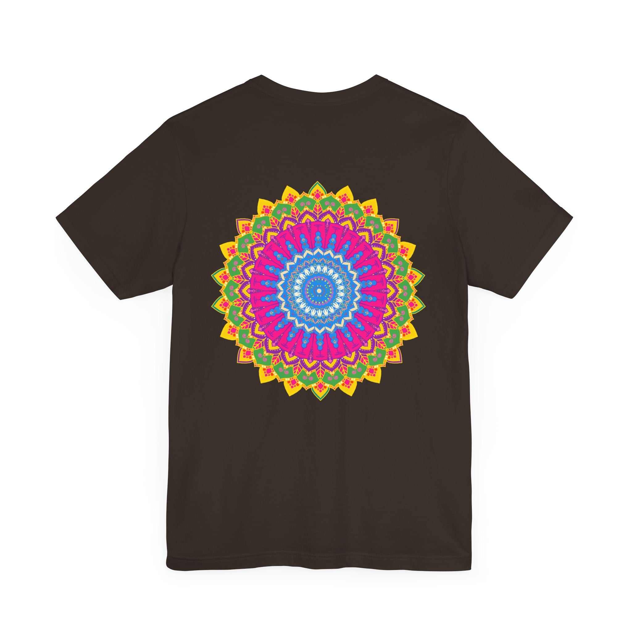 A colorful and intricate mandala design T-shirt, representing spiritual peace and vibrancy