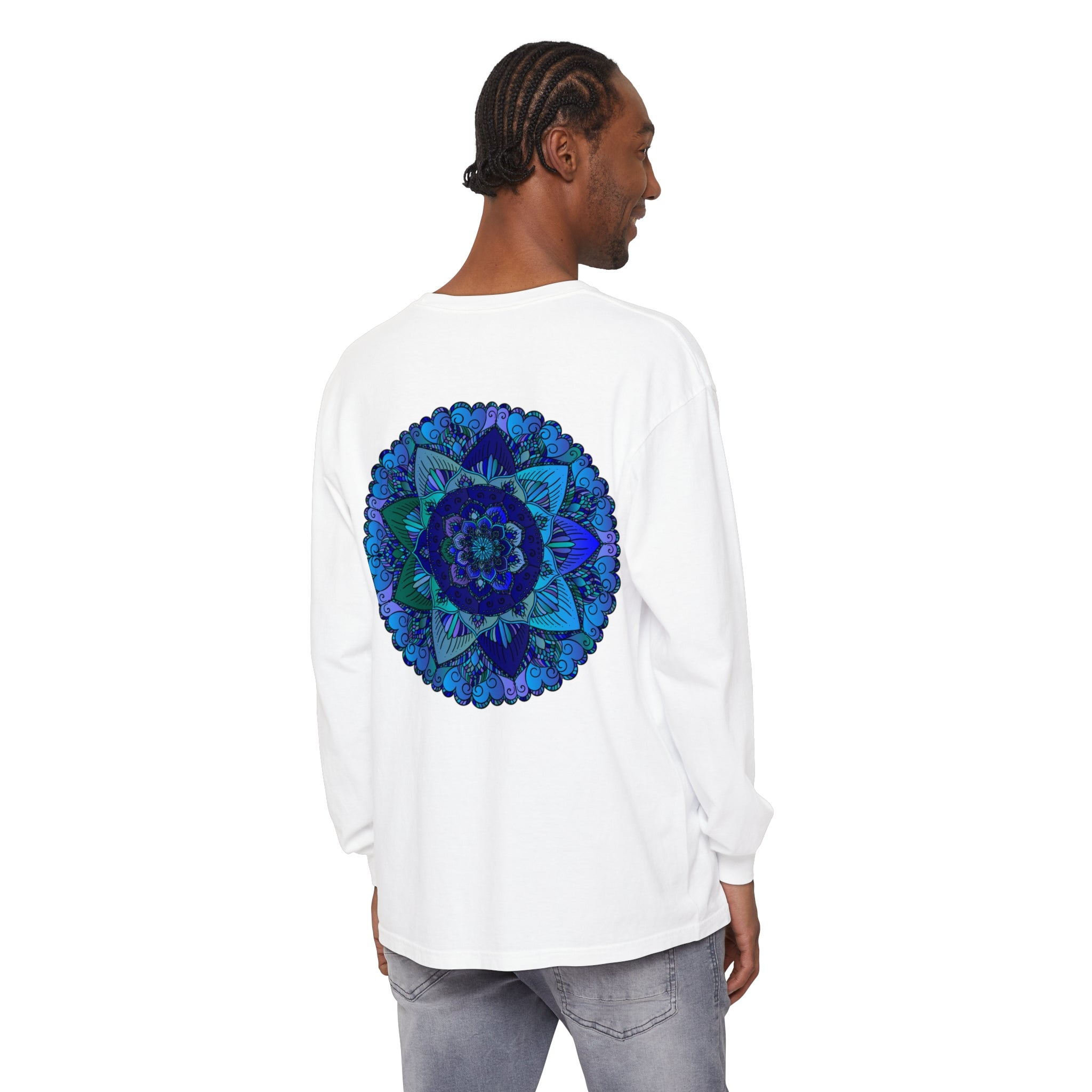 Dark Blue and Green Mandala Long Sleeve T-Shirt with intricate design