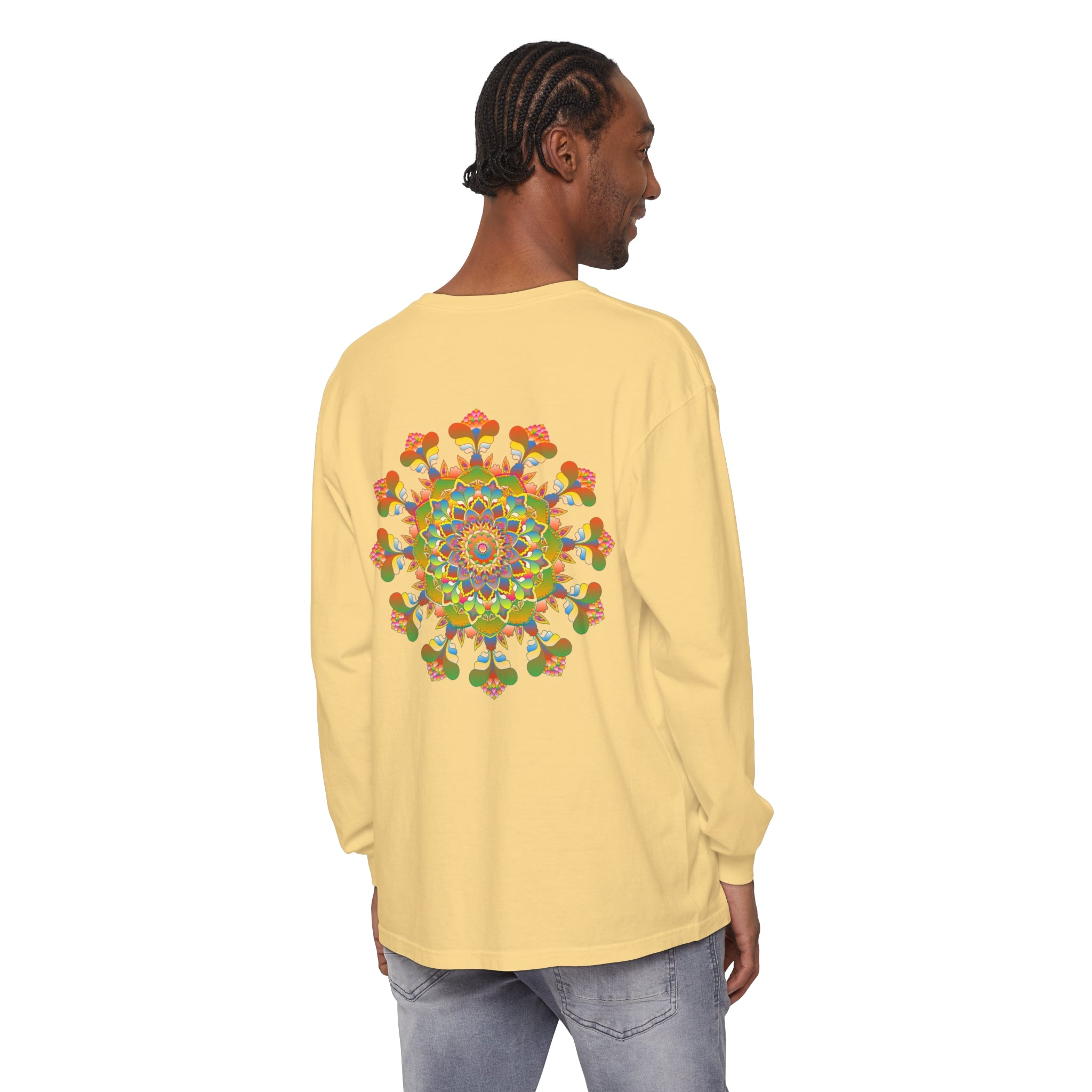 Vibrant and colorful long sleeve t-shirt featuring a stunning mandala design