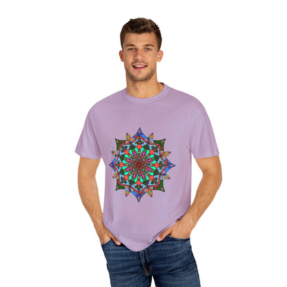 Unisex Mandala T-Shirt showcasing hand-drawn mandala art on 100% ring-spun cotton material, garment-dyed for ultimate comfort