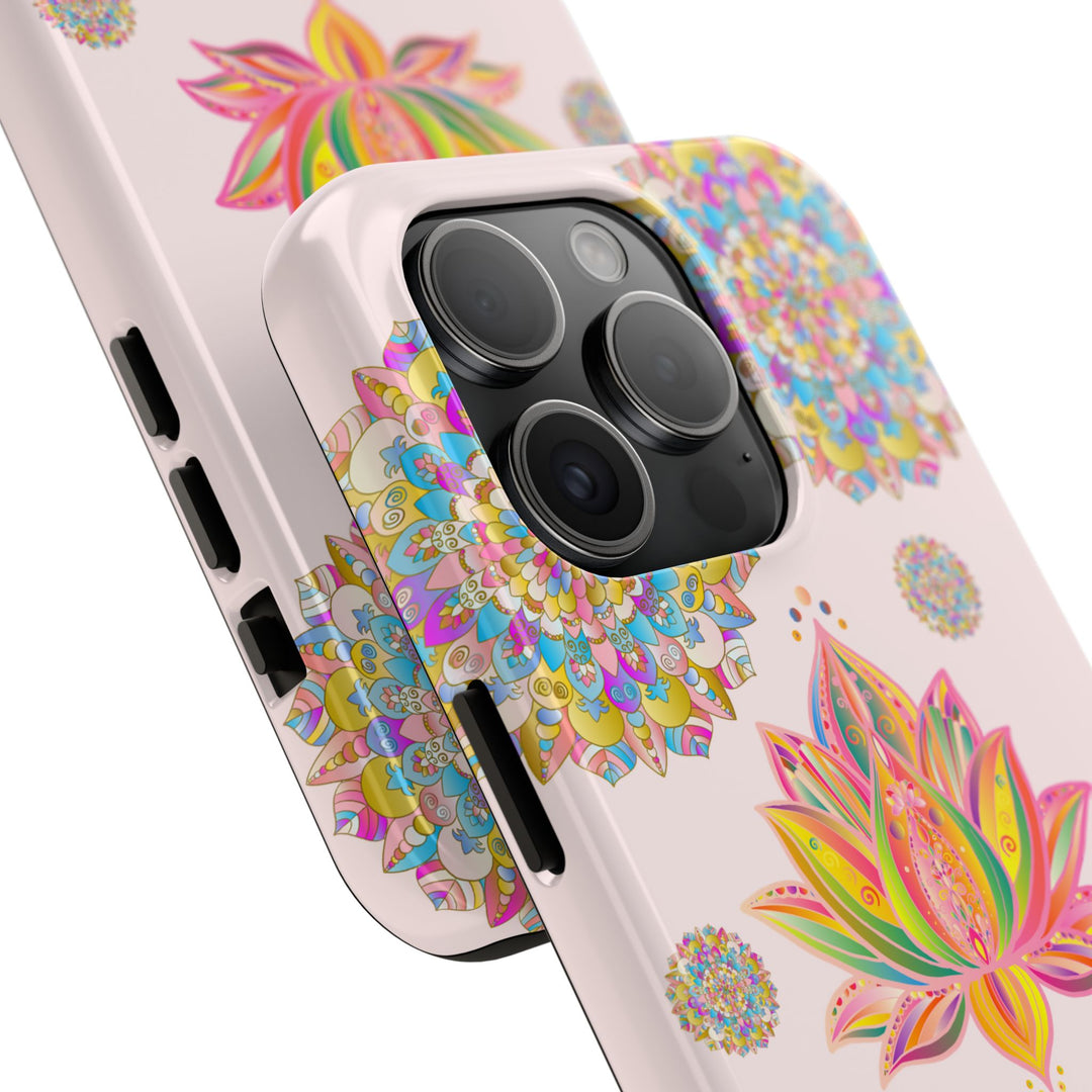 A beautiful light pink phone case featuring a detailed lotus flower mandala design