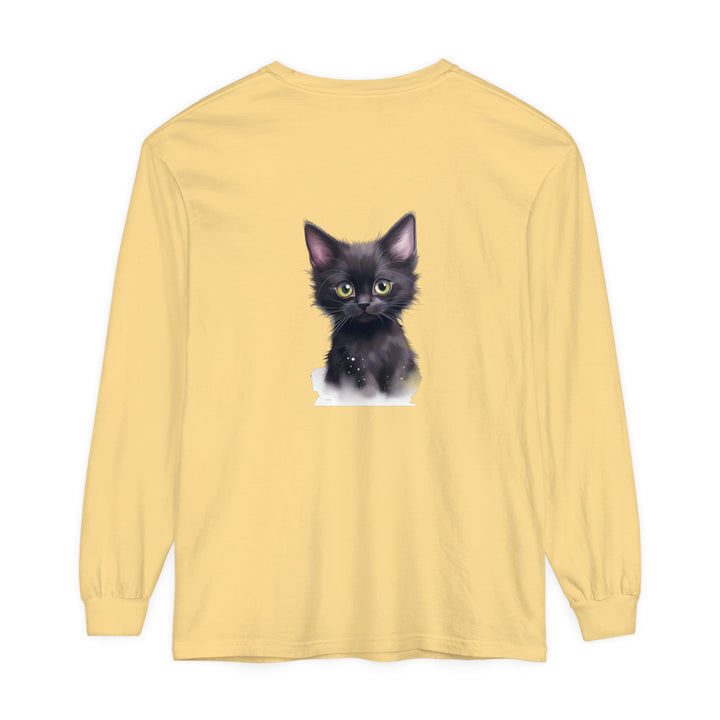 Adorable black kitten with vibrant green eyes printed on a high-quality T-shirt