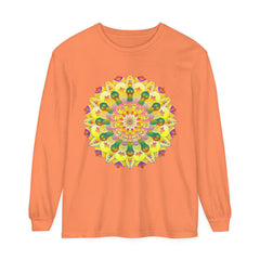 Colorful and intricate mandala design on a unisex long sleeve t-shirt