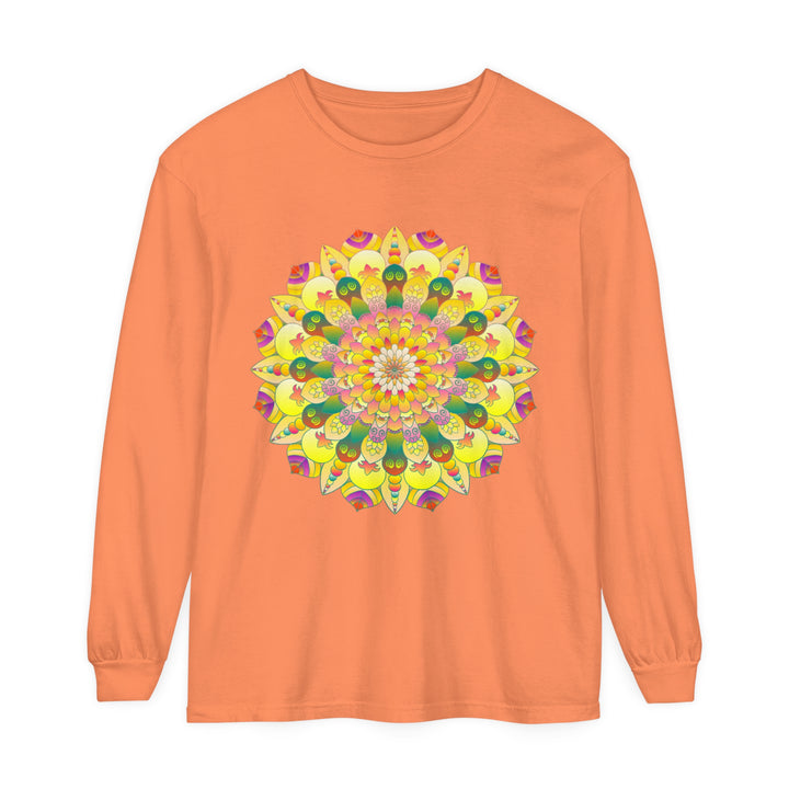 Colorful and intricate mandala design on a unisex long sleeve t-shirt