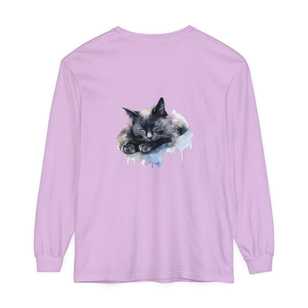 Sleeping Cat Watercolor T-Shirt: A comfortable cotton shirt featuring a peaceful watercolor design of a sleeping cat, perfect for cat lovers and animal enthusiasts