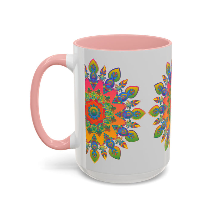 Colorful mandala mug featuring intricate and vibrant art on a grey background