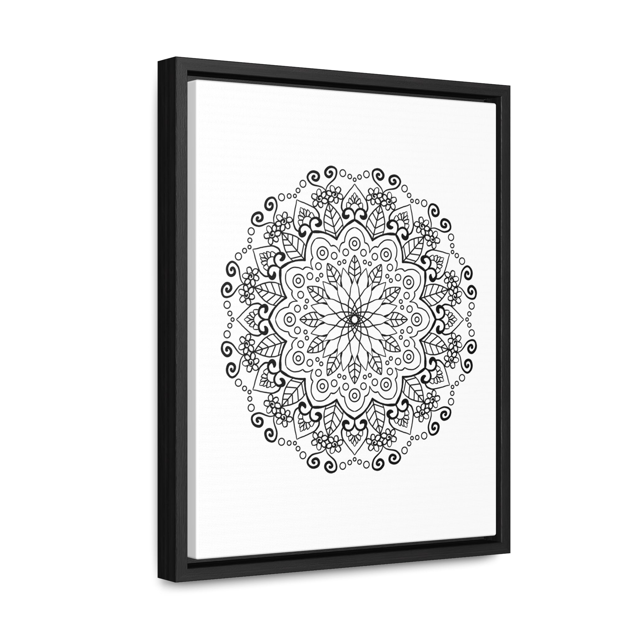 Large vertical black and white mandala handmade art gallery canvas wrap on wall