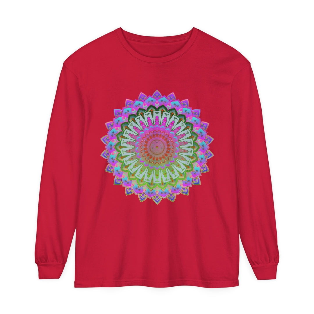 Colorful and intricate mandala design on a unisex long sleeve t-shirt