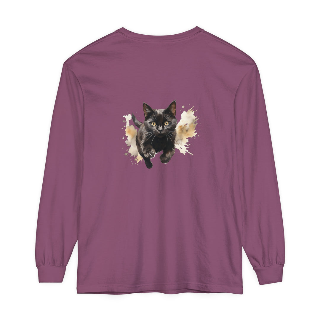 Black Cat Watercolor Sprint Unisex T-Shirt, featuring a vibrant watercolor design of a black cat running, perfect for cat lovers and fans of unique, artistic apparel