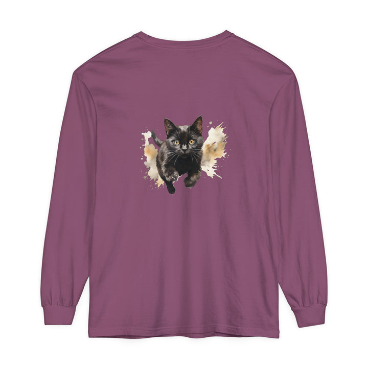 Black Cat Watercolor Sprint Unisex T-Shirt, featuring a vibrant watercolor design of a black cat running, perfect for cat lovers and fans of unique, artistic apparel